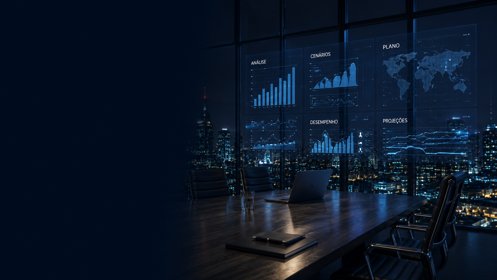 Sala executiva noturna com painéis de dados sobre o skyline