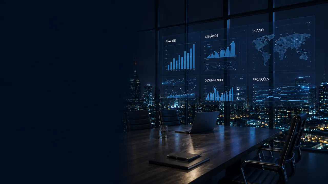 Sala executiva noturna com painéis de dados sobre o skyline